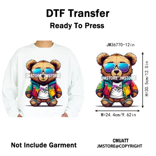 12in Cool Retro Urban Streetwear Graffiti Hip Hop Teddy Bear Iron On DTF Washable Transfers Stickers Ready to Press For Clothing