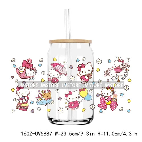 Flower Cartoon Cat With Pink Bow 16OZ UV DTF Cup Wrap Transfer Sticker Custom Label Durable Waterproof Logo For Libbey Glass Can