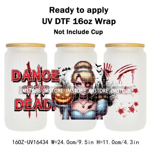 Halloween Witch Princess Bat Pumpkin UV DTF Wraps Transfer Stickers Waterproof High Quality For 16OZ Libbey Glass Can Tumbler