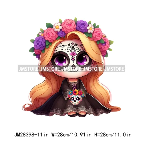 Washable Day Of The Dead La Catrina Dolls Designs Cartoon Princess Hispanic Girly Iron On DTF Transfers Stickers For Hoodies