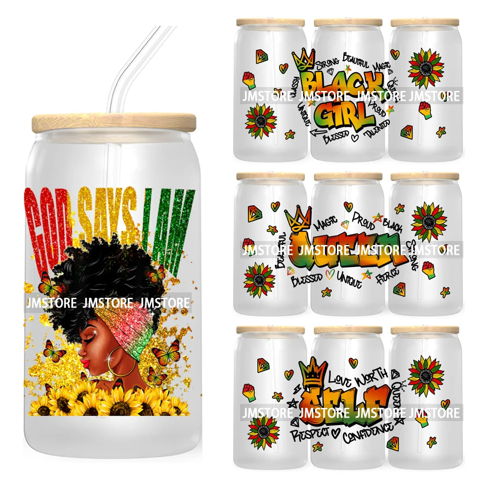 God Says I Am Juneteenth 16OZ UV DTF Cup Wrap Transfer Stickers For Libbey Glass Can Cups Tumbler Waterproof Black Girl Queen