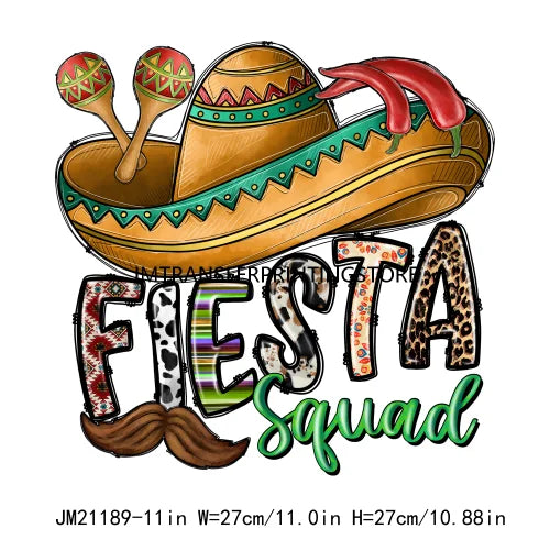 New Let's Fiesta Mexican Happy Cinco De Mayo Iron On DTF Stickers Sombrero Hat Cactus Fiesta Squad Transfer Printing For Hoodies