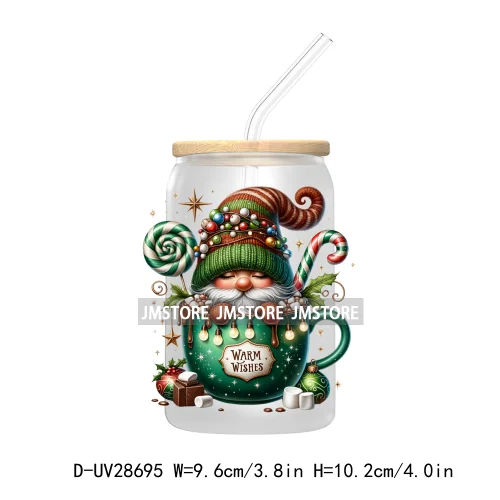 Festive Christmas Gnome Candy Cane UV DTF Transfer Stickers Decals For Libbey Cold Cups Mugs Tumbler Labels Cartoon Characters