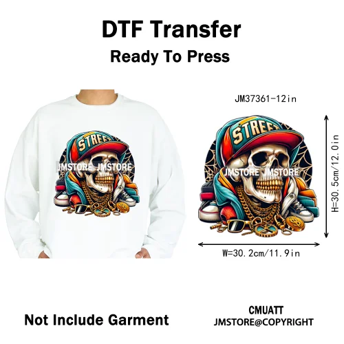 12in Colorful Graffiti Streetwear Skeleton Game Over Iron on DTF Thermal Transfers Stickers Printing Ready to Press for T-shirts