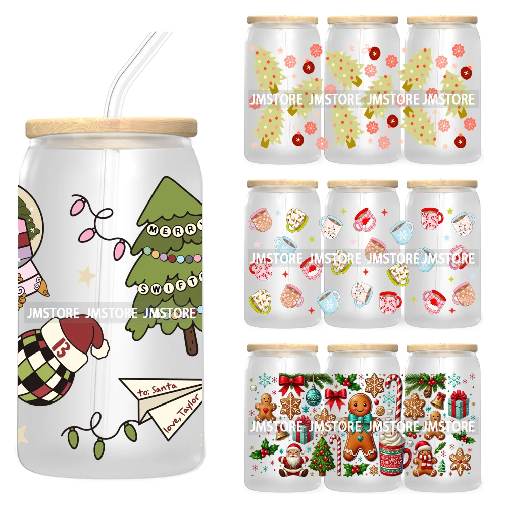 Gingerbread Coquette Bow Christmas Tree 16OZ UV DTF Cup Wrap Waterproof Transfer Stickers For Libbey Glass Can Candy Cane Bow