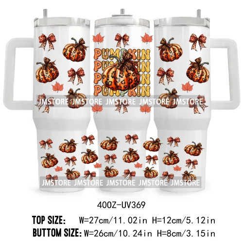 Leopard Pumpkin Coquette Bow UV DTF 40OZ Tumbler Wrap Ready To Apply Waterproof Custom Logo Fall Autumn Vibes Transfer Stickers