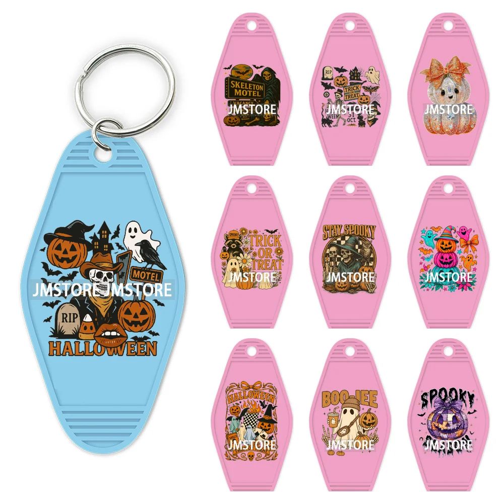 Faux Glitter Halloween Ghost Pumpkin Season UV DTF Motel Keychain Decal Ready To Ship Transfer Stickers Print For Hotel Keychain