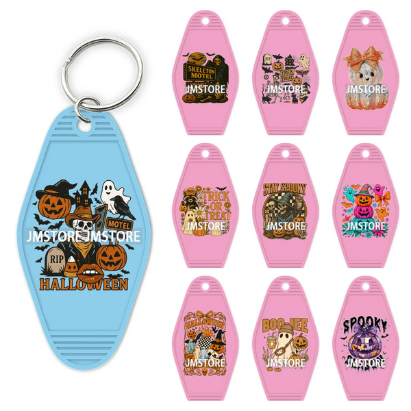 Faux Glitter Halloween Ghost Pumpkin Season UV DTF Motel Keychain Decal Ready To Ship Transfer Stickers Print For Hotel Keychain