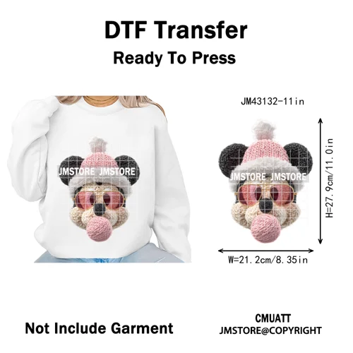 Faux Yarn Very Merry Christmas Mouse Friends Cartoon Santa Iron on Washable DTF Transfers Stickers Ready to Press for Clothing