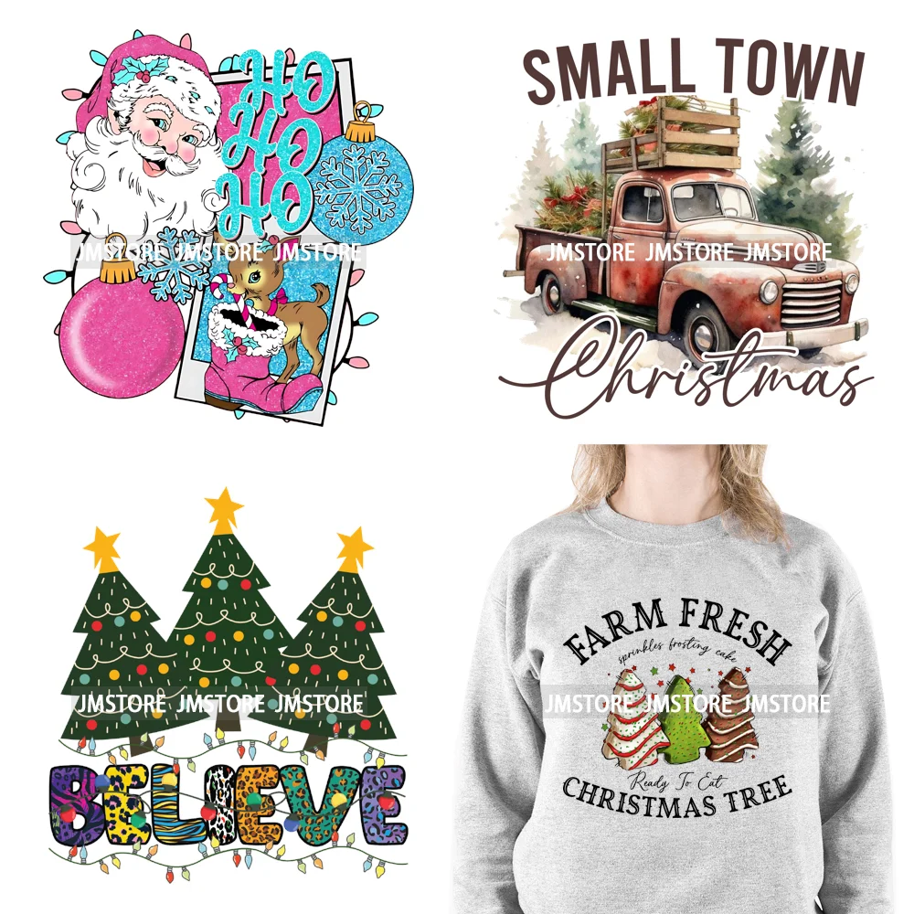 Small Town Fram Fresh Tree Christmas Merry Vibes Ho Ho Ho Santa Deer Iron On DTF Transfers Stickers Ready To Press For Hoodies