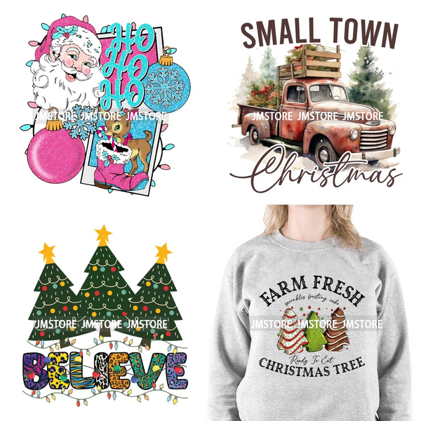 Small Town Fram Fresh Tree Christmas Merry Vibes Ho Ho Ho Santa Deer Iron On DTF Transfers Stickers Ready To Press For Hoodies