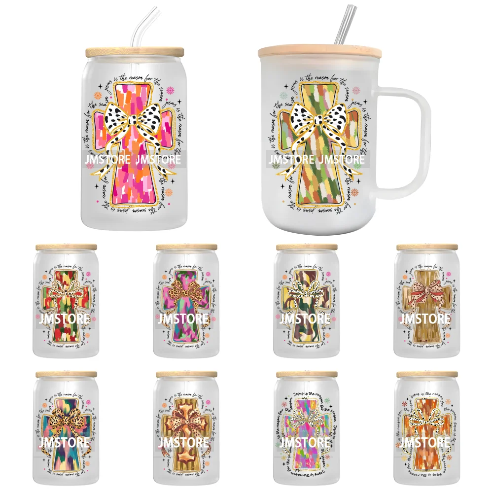 Christian Christmas Coquette Glitter Jesus Cross UV Sticker Decals For Libbey Cold Cups Mug Tumbler Transfer Stickers Waterproof