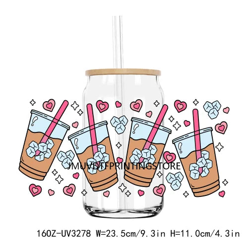 Valentines Heart Strawberry Drink 16OZ UV DTF Cup Wrap Transfers Stickers Custom Labels DIY Waterproof Logo For Libbey Glass Can