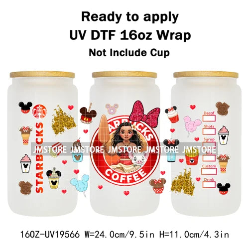 Faux Glitter Coffee Cartoon Princess Girly 16OZ UV DTF Cup Wraps Ready To Apply Waterproof Transfer Sticker For Libbey Glass Can
