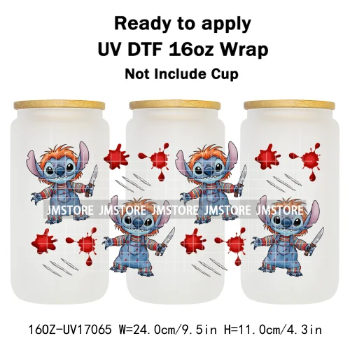 Happy Halloween Cartoon Killers Spooky Season UV DTF Wraps Transfer Sticker Selfadhesive Waterproof For 16OZ Libbey Glass Can