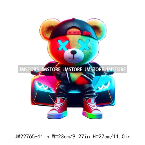 Cool Neon Colorful Hip Hop Streetwear Urban Teddy Bear Iron On DTF Transfers Stickers Ready To Press For Clothing Bags