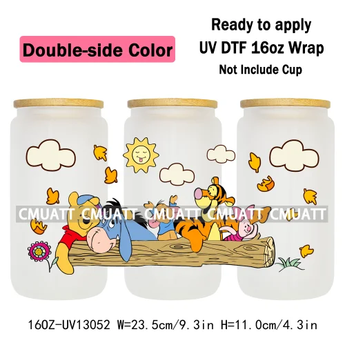 Double Side Color Cartoon Bear UV DTF Cup Wraps For 16oz Libbey Glass Mugs Can Beer DIY Customized Selfadhesive Stickers