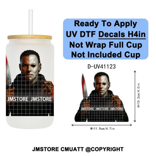 Black Horror Dad Halloween Spooky Daddy UV DTF Decals Ready To Apply Waterproof Transfer Stickers For 16OZ Libbey Glass Can Cups