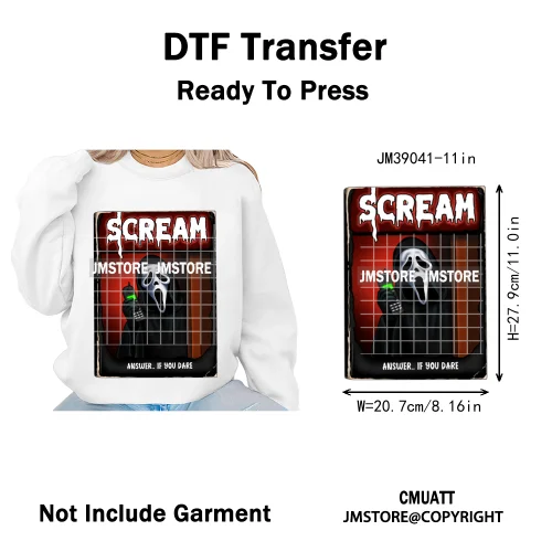 Horror Scary Killer Character Spooky Halloween Vibes Iron on DTF Washable Heat Transfer Stickers Ready to Press for Textile Bags