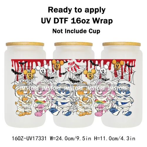 Scary Bears Halloween Pumpkins Horror Characters UV DTF Wraps Transfer Sticker Selfadhesive For 16OZ Libbey Glass Can Tumbler