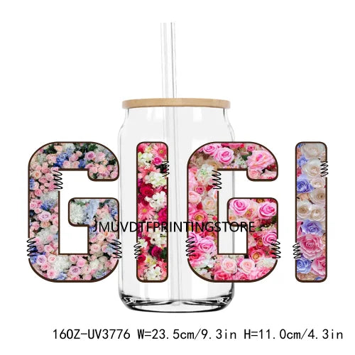 Flower Family Mama Nana UV DTF Sticker For 16OZ Libbey Glass Cup Can Wrap Transfer Sticker Custom Labels DIY Logo Dogmom