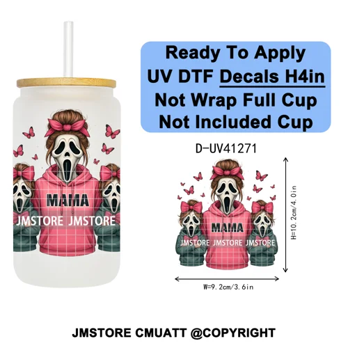 Family Halloween Horror Mama UV DTF Transfer Stickers Decals Ready To Apply Waterproof For 16OZ Libbey Glass Can Cups Tumbler