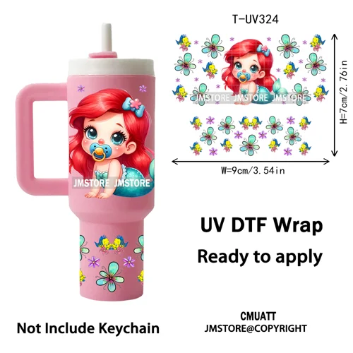 Watercolor Little Girl Cartoon Princess Flowers UV DTF Wraps Ready To Use Transfer Stickers Waterproof For Mini Tumbler Keychain