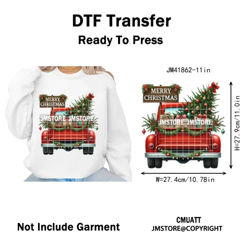 Christmas Pickup Truck Car Winter Tree Snowy Holiday Decoration Iron on DTF Heat Transfers Stickers Ready to Press for Clothing