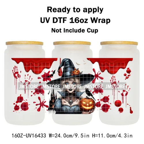 Halloween Witch Princess Bat Pumpkin UV DTF Wraps Transfer Stickers Waterproof High Quality For 16OZ Libbey Glass Can Tumbler