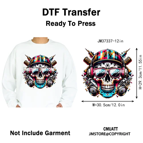 12in Colorful Graffiti Streetwear Skeleton Game Over Iron on DTF Thermal Transfers Stickers Printing Ready to Press for T-shirts