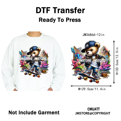 12in Colorful Graffiti Urban Stree Vibes Fearless Gangster Bear Washable Iron on DTF Transfer Sticker Ready to Press for Clothes