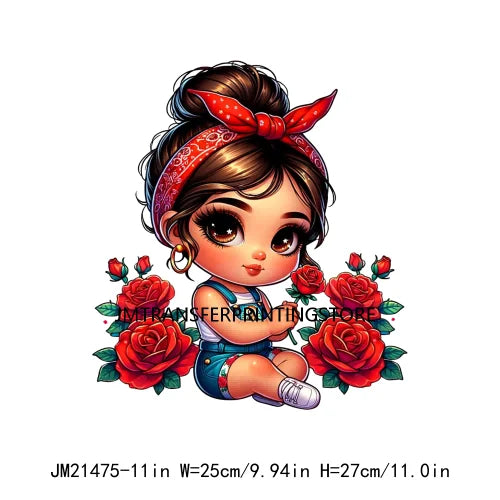 New Chibi Chicana Lovely Bow Rose Baby Girls Latina Princess Iron On DTF Heat Transfer Stickers Ready To Press For Clothing