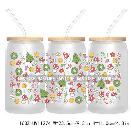 Happy New Year Christmas Tree Gingerbread 16OZ UV Cup Wrap DTF Transfer Stickers For Libbey Glass Can Cups Tumbler Waterproof