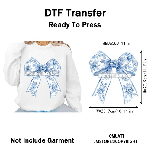 Blue And White Toile Chinoiserie Floral Coquette Bow Thermal Decals Iron on DTF Transfers Stickers Ready to Press for Clothing