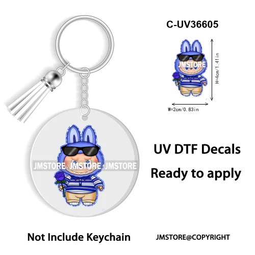 Coquette Bow Cartoon Monsters Doll In Costume Decal Round Keychain Ready To Apply UV DTF Transfer Stickers For Circle Keychain