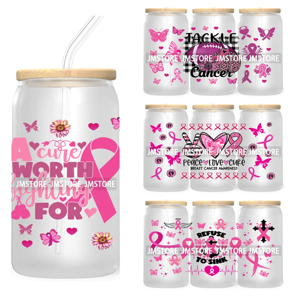 Peace Love Cure Breast Cancer Awareness Pink 16OZ UV DTF Cup Wrap Transfer Stickers For Libbey Glass Can Cups Tumbler October