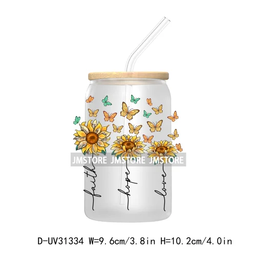 Christian Faith God Blessed Sunflowers Butterfly UV Sticker Decals For Libbey Cold Cup Mug Tumbler Transfer Stickers Bible Verse