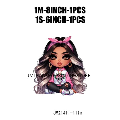 Pink Bow Long Hair Chibi Cute Chicana Doll Girls With Earing Washable Iron On DTF Transfers Stickers Designs For Sweatshirt