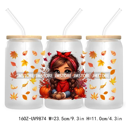 Mexican Latina Chibi Autumn Baby Girl UV DTF Sticker For 16OZ Libbey Glass Cup Can Wrap Transfer Stickers Custom Labels DIY Logo