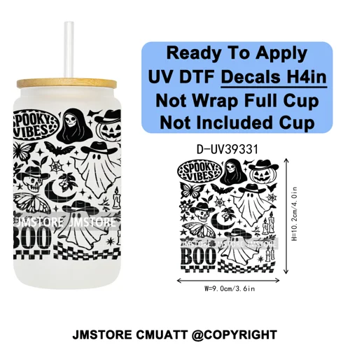 Stay Spooky Halloween Horror Pumpkin Coquette UV DTF Decals Ready To Apply Waterproof Transfer Sticker For 16OZ Libbey Glass Can