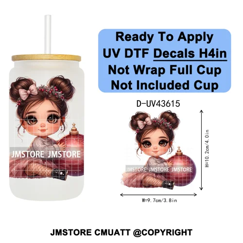 Chibi Cute Mexican Christmas Baby Girl UV DTF Decals Ready To Apply Waterproof Transfer Stickers For 16OZ Libbey Glass Can Mugs