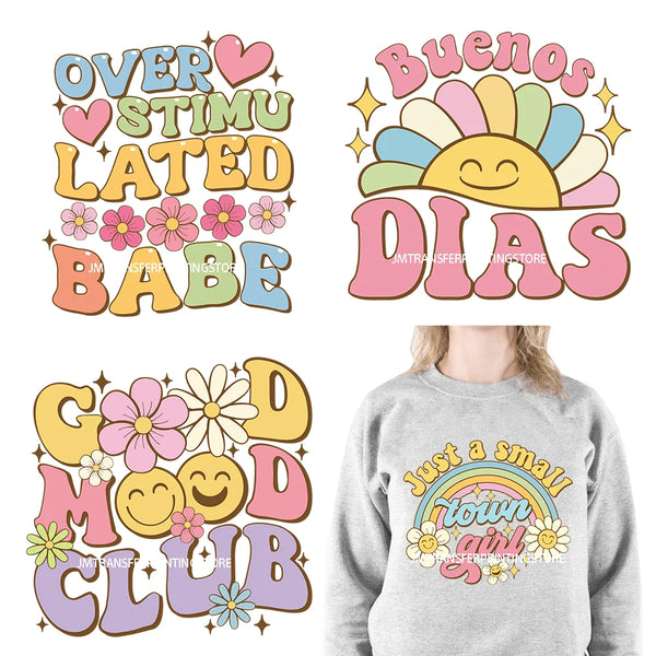 Colorful Good Mood Club Mental Health Inspirational Designs Motivational Flower Positive Quotes DTF Transfer Sticker For Hoodies