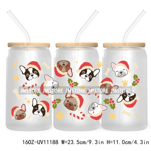 Cute Pet Christmas Dogs Cats With Santa Claus Hat UV DTF Cup Wrap For Libbey Glass Can Transfer Stickers Waterproof Custom Label