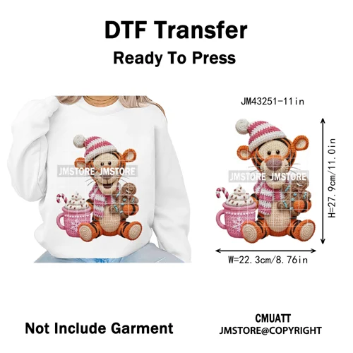 Hot Cocoa Coffee Lover Cartoon Faux Yarn Christmas Xmas Iron on Washable DTF Transfers Stickers Ready to Press for Sweatshirts