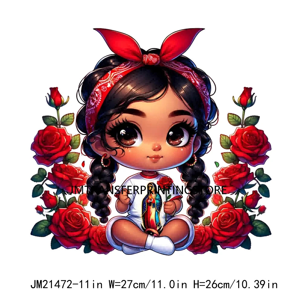 New Chibi Chicana Lovely Bow Rose Baby Girls Latina Princess Iron On DTF Heat Transfer Stickers Ready To Press For Clothing