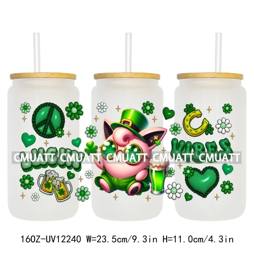 Happy St Patricks Cartoon Princess Characters Feeling Lucky Four Leaf Clover 16OZ UV DTF Cup Wrap Sticker For Libbey Glass Can