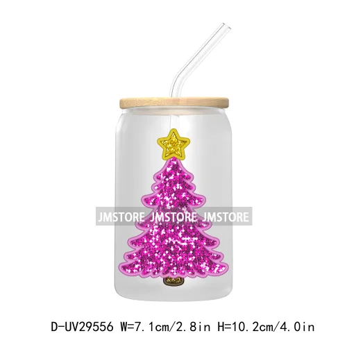 Coquette Bow Faux Glitter Christmas Tree UV DTF Transfer Stickers Decals For Libbey Cold Cups Mugs Tumbler Reindeer Candy Cane