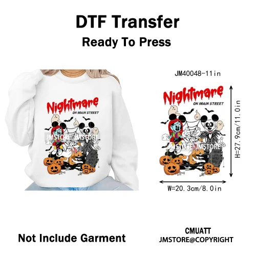 Happy Halloween Nightmare Cartoon Character Pumpkin Skeleton Iron on DTF Washable Transfers Stickers Ready to Press for T-shirts