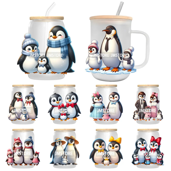 Penguin Family Coquette Bow UV DTF Transfer Stickers Decals Ready To Apply Waterproof For 16OZ Libbey Glass Can Cups Tumbler