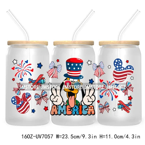 Happy 4TH Of July Cartoon Bear Friends 16OZ UV DTF Cup Wrap Transfer Stickers For Libbey Glass Can Cups Tumbler Waterproof Craft